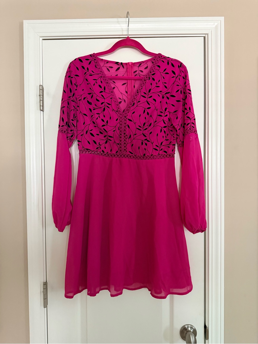Hot Pink Floral Embroidered V-Neck Dress